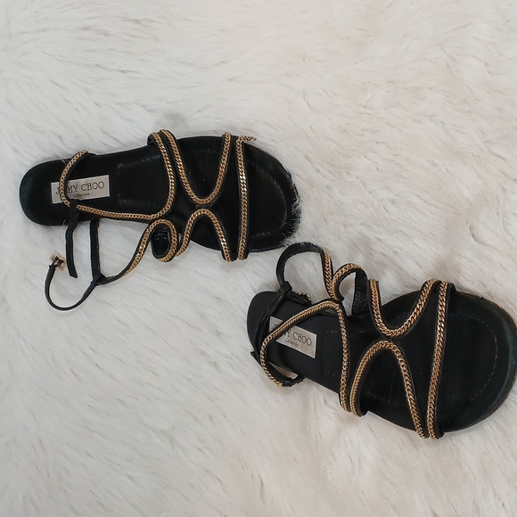Jimmy Choo Leather Slingback Sandals Black Chain-Link Accent Sz 39 - Picture 2 of 10